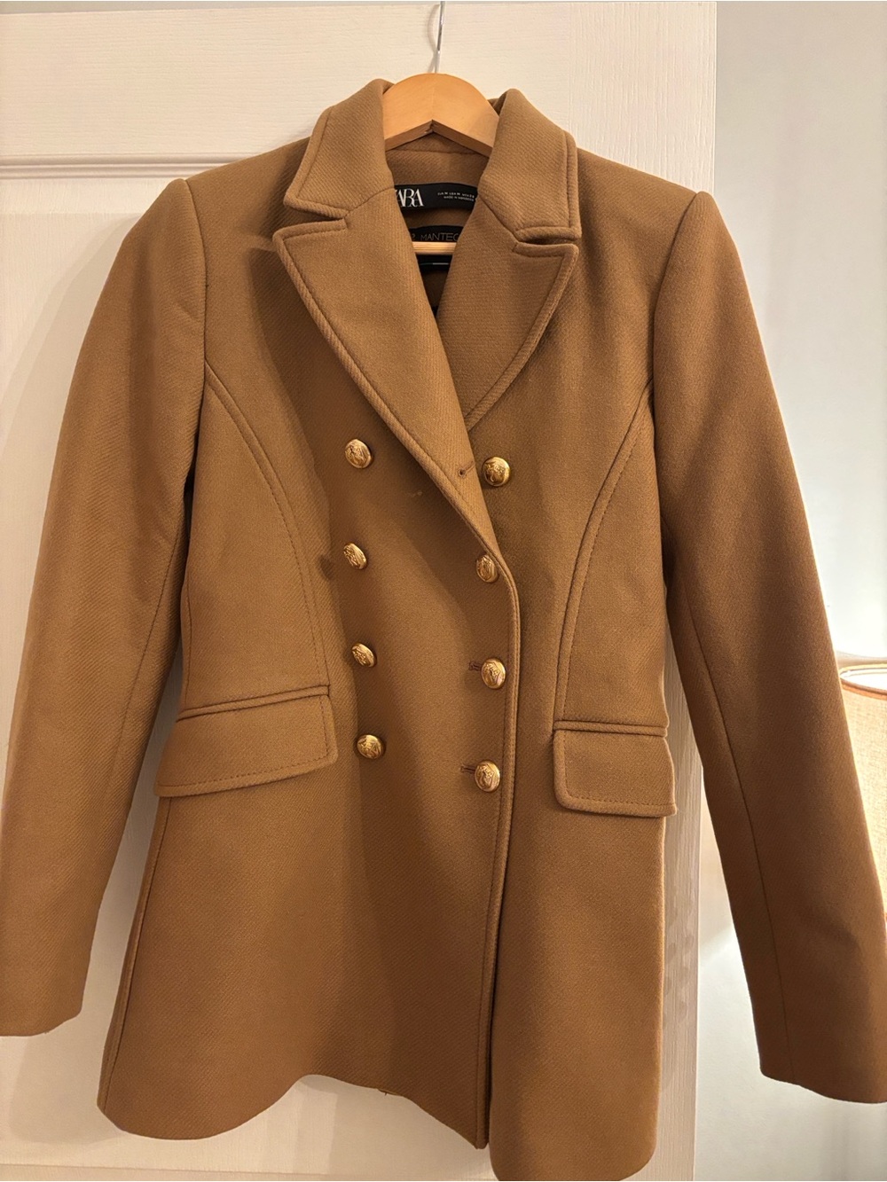 Zara Camel Double-Breasted Pea Coat with Gold Buttons